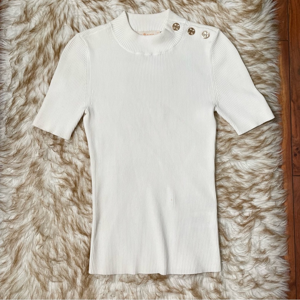 Tory Burch Logo Button ribbed short sleeve sweater - Picture 4 of 8